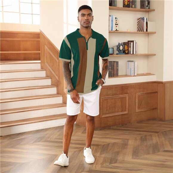 Men's Fashion Polo Shirts Vintage Striped Green - Picture 5 of 6